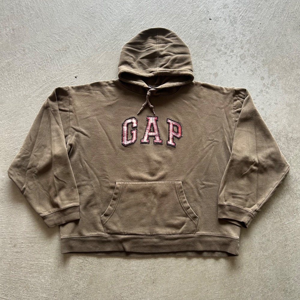 Vintage GAP Sweatshirt Size XXL Olive Green Spell Out Hoodie Red Plaid Logo